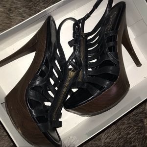 Black leather and Brown Platform heel.